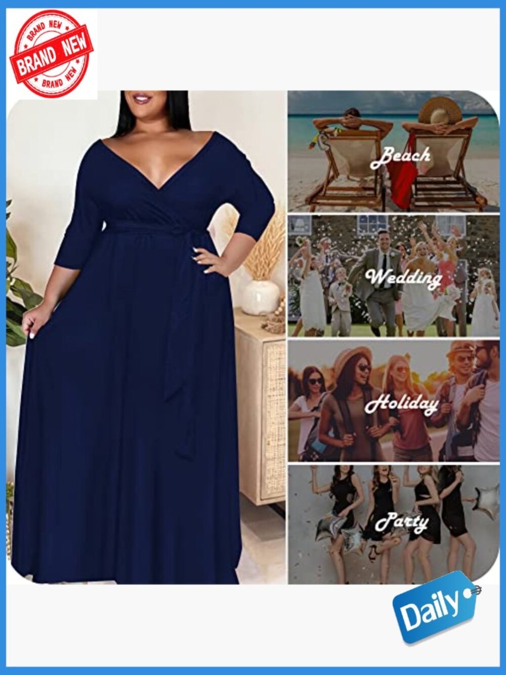 Plus Size Maxi Dress - Floral 3/4 Sleeve Belted Long Dress - Picture 6 of 7
